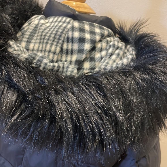 Talbots Black Mid-length Puffer Detachable Faux Fur Hood Checker Accent - Picture 9 of 13